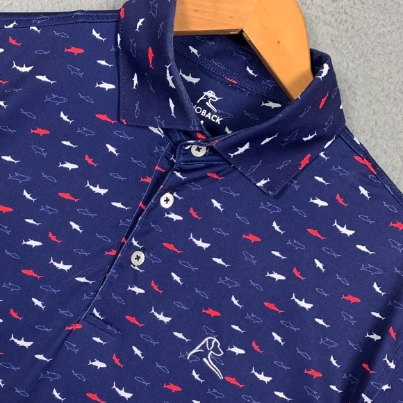 Rhoback The Shark Bait Polo Mens Medium M Navy Short Sleeve Golf Shirt Athletic